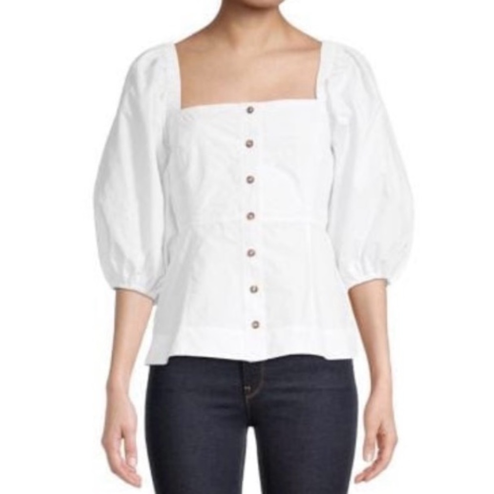 GANNI White Puff Sleeve Button-Down Blouse
